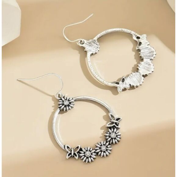 Silver Flower Hoop Earrings Floral Dangle - Picture 3 of 9